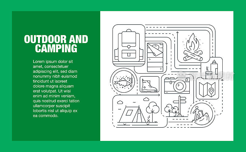 户外和露营线图标集和横幅设计。采购产品露营帐篷，睡袋，指南针，地图，营火，保温瓶