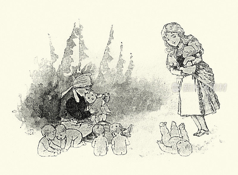 复古插图女孩扮演母亲，维多利亚儿童书籍插图，19世纪