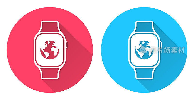智能手表与地球。圆形图标与长阴影在红色或蓝色的背景