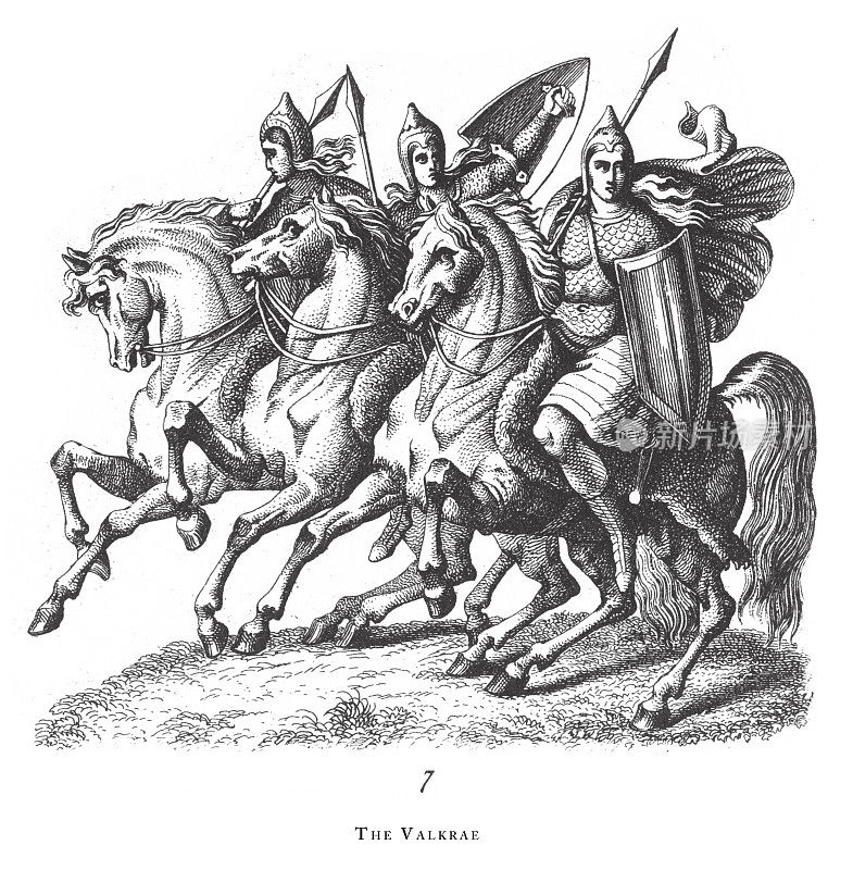 瓦尔克雷:挪威和日耳曼神话的人物和场景，雕刻古董插图，出版1851年