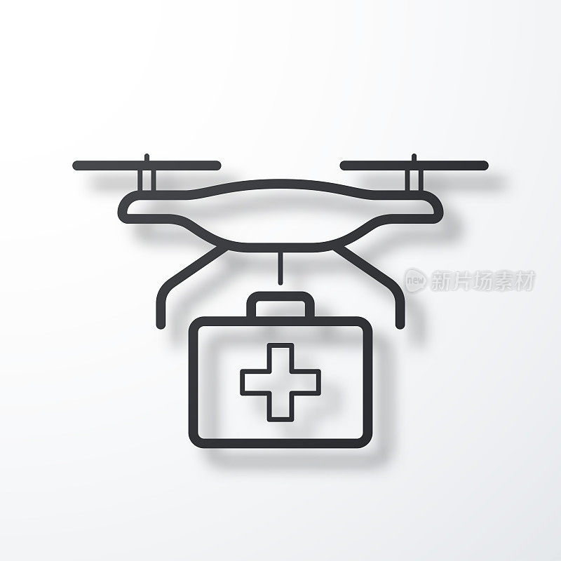带急救箱的医疗无人机线图标与阴影在白色背景