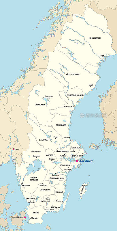 瑞典县地图矢量插图与首都城市在它。所有图层都可拆卸并贴上标签。矢量图