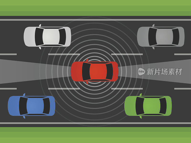 自动驾驶汽车、车辆或汽车用激光雷达和雷达平矢量图