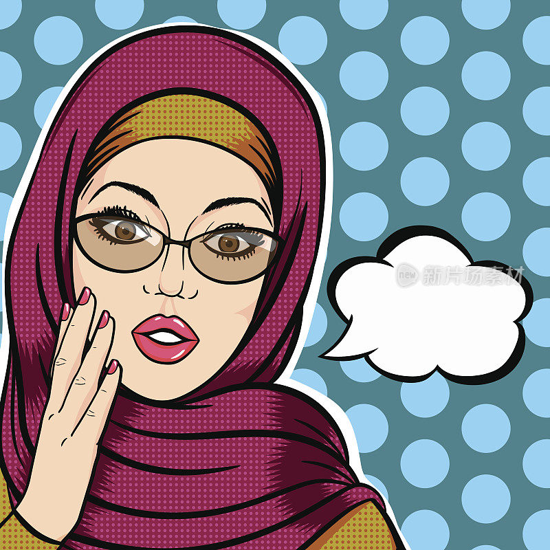 现代穆斯林妇女戴着头巾，脸上带着震惊的思想泡泡