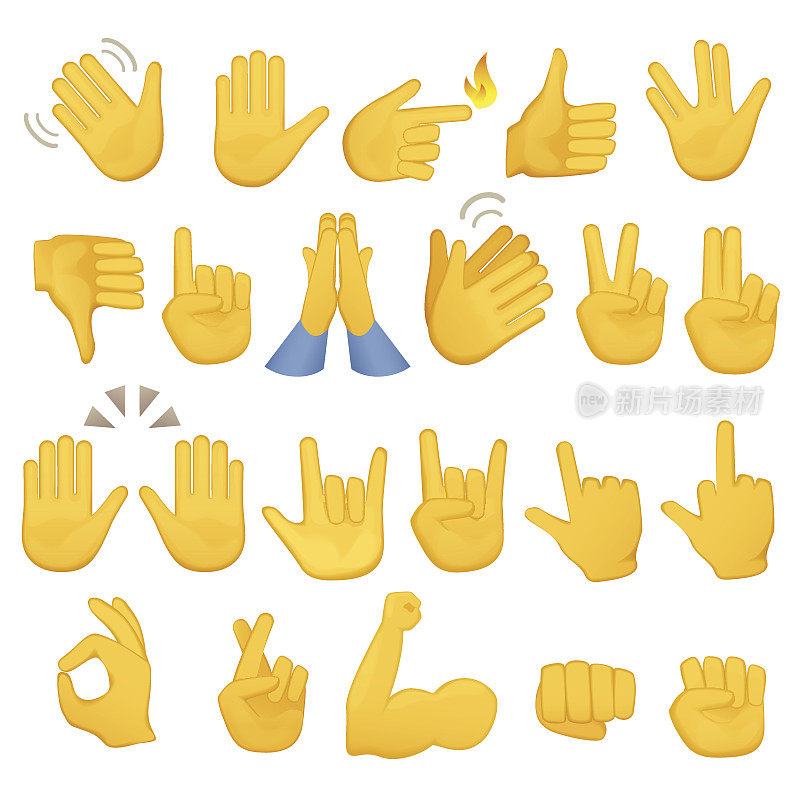 一套手的图标和符号。Emoji手。不同的手势