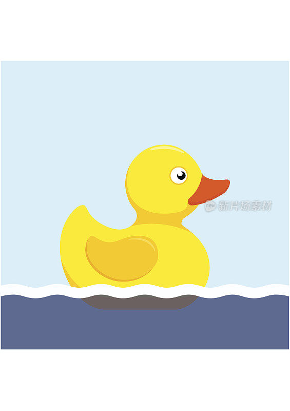 橡皮鸭浴玩具在水中游泳在平坦的风格孤立的白色背景