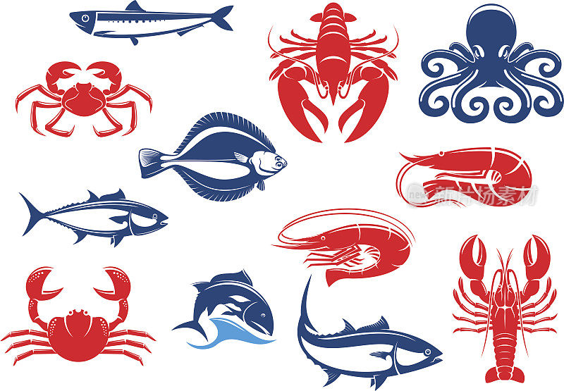 海鲜图标设置与鱼和甲壳类