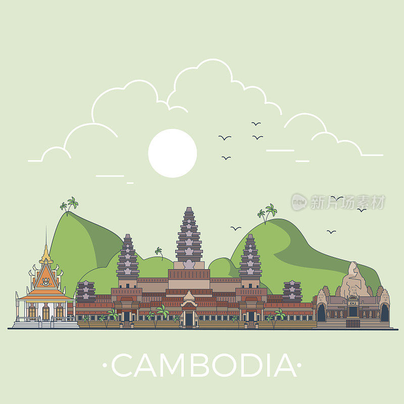 柬埔寨国家设计模板。线性平坦著名历史景观;卡通风格的网站矢量插图。亚洲世界旅游展场，亚洲度假收藏。