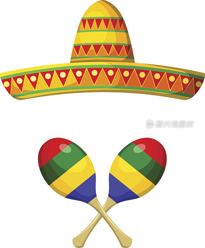 白色背景上的墨西哥国民帽和沙槌。Obj