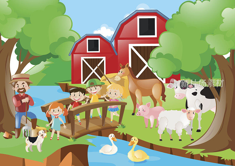 农夫和孩子们在河边的农场场景