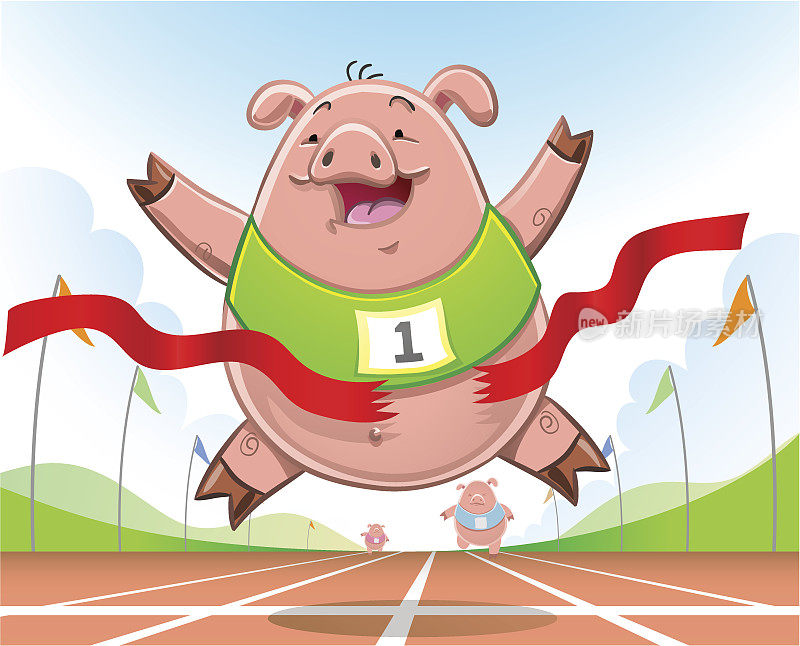 卡通猪穿过田径跑道的终点线