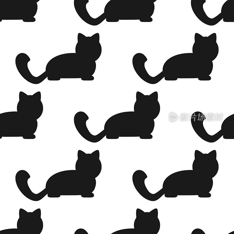 重复的黑色轮廓的猫在白色的背景。无缝模式。