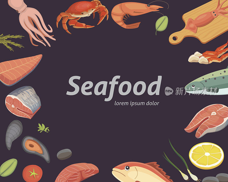 载体海鲜插图设置扁新鲜鱼和螃蟹。龙虾和生蚝