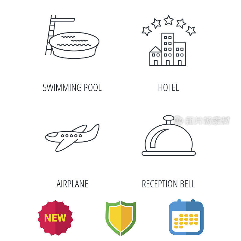 酒店、游泳池和飞机的图标。