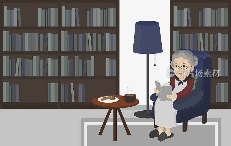 插图一位老年妇女读一本书。