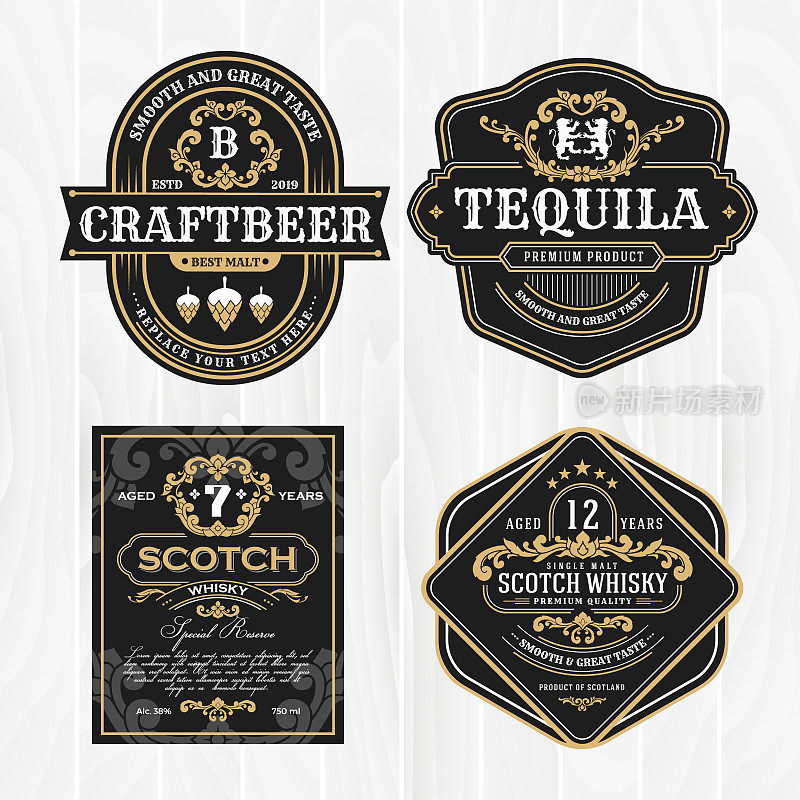 经典的复古框架威士忌标签和古董产品