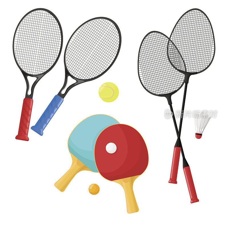 运动项目:网球、羽毛球、乒乓球。球拍和球，羽毛球孤立在一个白色的背景。矢量插图。