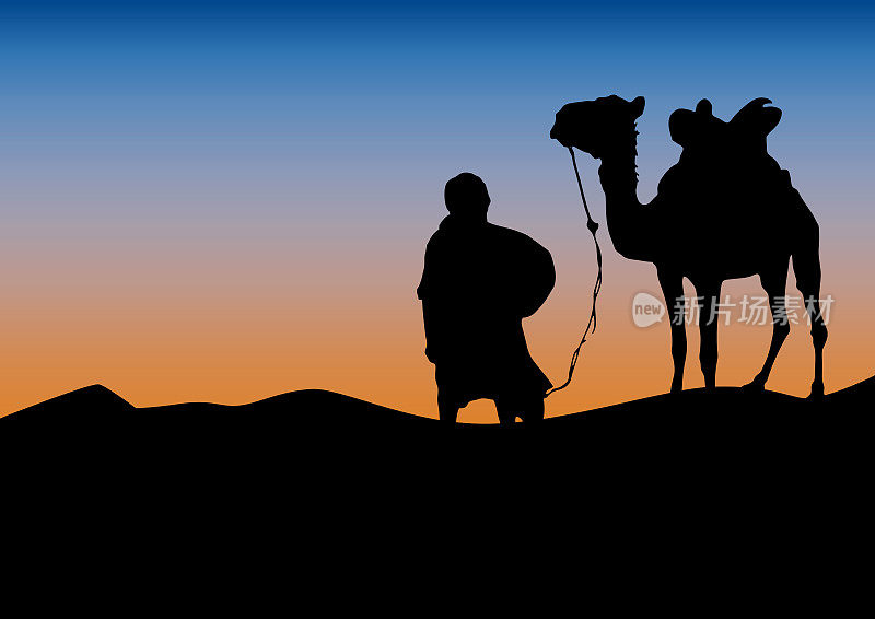 沙漠中的商队，夕阳的背景。海报骆驼和撒哈拉沙漠中的贝都因人