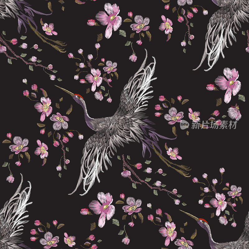 刺绣东方无缝图案仙鹤和樱花。
