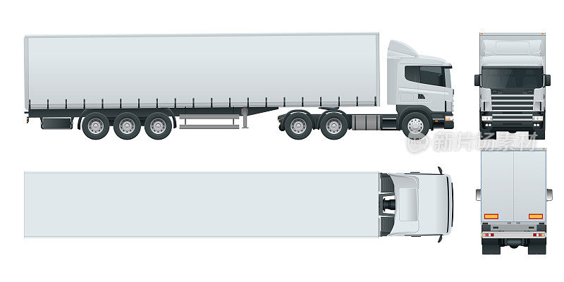带集装箱的卡车拖车。运送货物的车辆模板矢量隔离在白色视图前，后，侧，顶。用于运输货物的汽车。