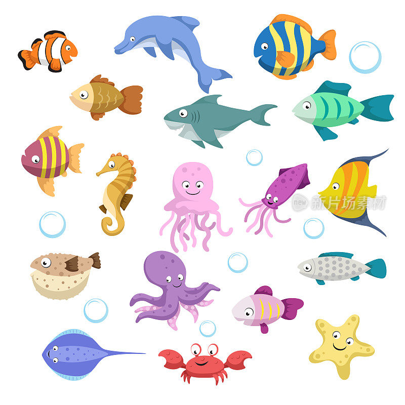 卡通时尚色彩斑斓的珊瑚礁动物大布景。鱼类、哺乳动物、甲壳类动物。海豚、鲨鱼、章鱼、螃蟹、海星、水母。热带珊瑚礁珊瑚野生动物。