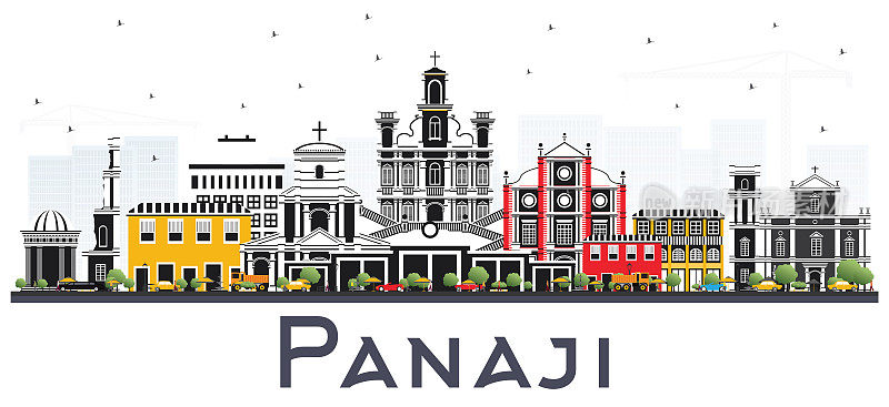 Panaji印度城市天际线与彩色建筑隔离在白色。