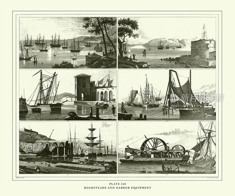 雕刻古玩，码头和港口设备雕刻古玩插图，出版于1851年