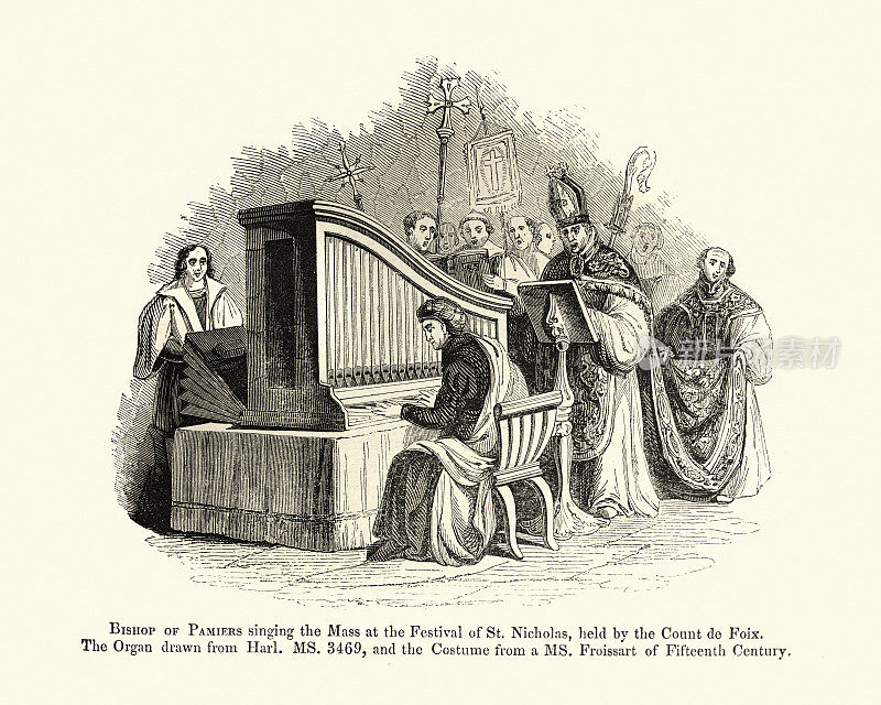 中世纪音乐，主教在管风琴伴奏下主持弥撒