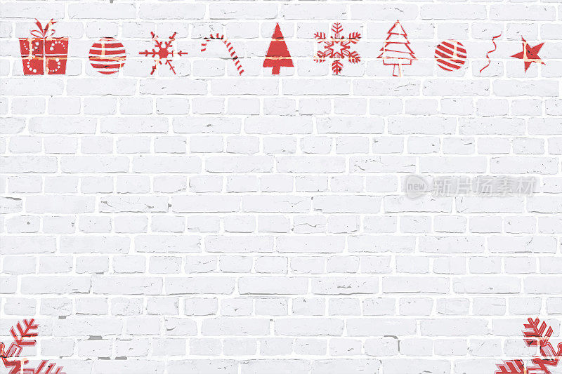 现代白色砖图案墙纹理垃圾背景圣诞矢量插图圣诞装饰品，涂鸦涂鸦在墙上