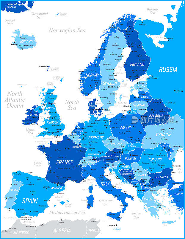 欧洲地图。蓝色矢量插图与西班牙，荷兰和德国