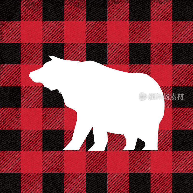 格子木材纹理在红色和黑色格子图案的剪影野生灰熊