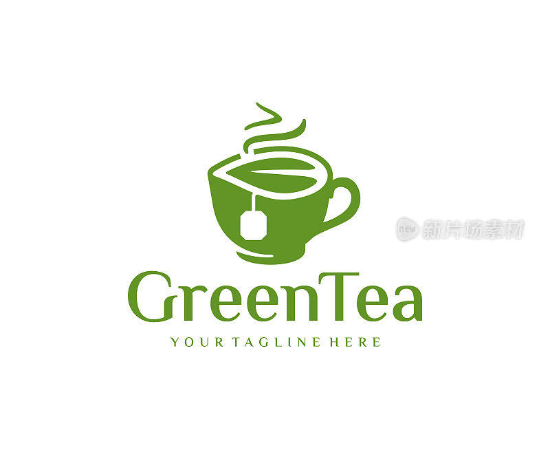 茶杯用叶子，图案。茶馆设计向量。热香茶与绿叶插图