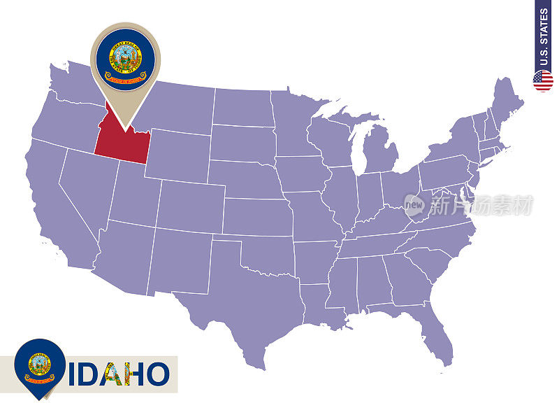美国地图上的爱达荷州。爱达荷旗和地图。