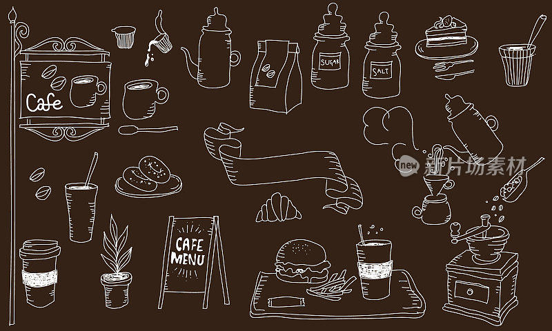 向量插图的咖啡馆餐厅与笔迹收集