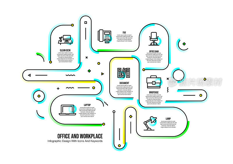 信息图表设计模板与办公室和工作场所的关键字和图标