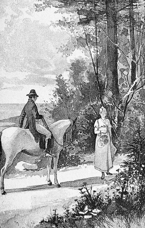 在人行道上，一个骑马的男人停在一个女人的前面