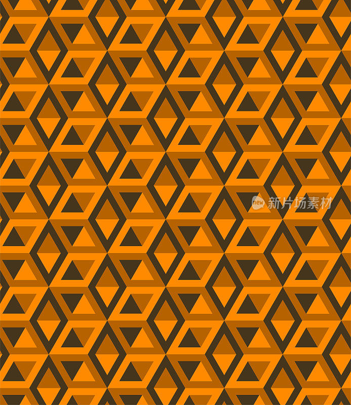 抽象的立方体图案，完全无缝。3d橙色矢量几何壁纸，立方体图案背景。现代平面设计。