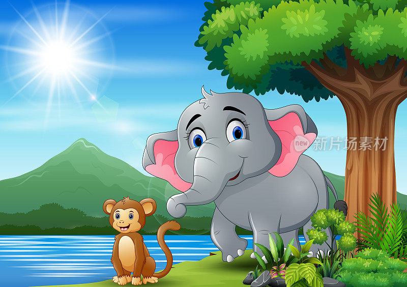 大象和猴子在大自然中嬉戏的场景