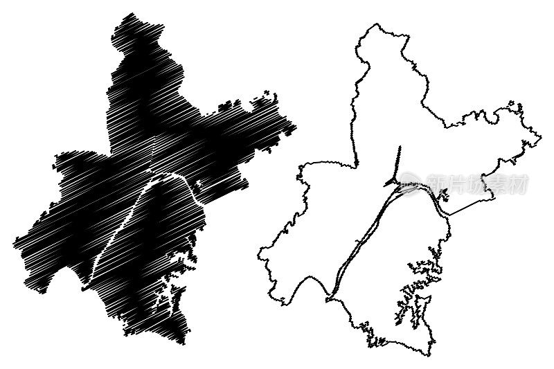 武汉市(中华人民共和国，湖北省)地图矢量插图，武汉市素描地图