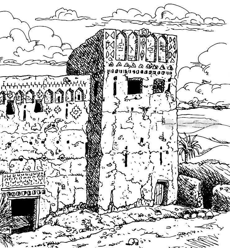 古老卡斯巴的正面和塔楼的废墟，一个堡垒宫殿建在瓦尔扎扎特村附近。沙漠中的摩洛哥小镇。墨水画画。