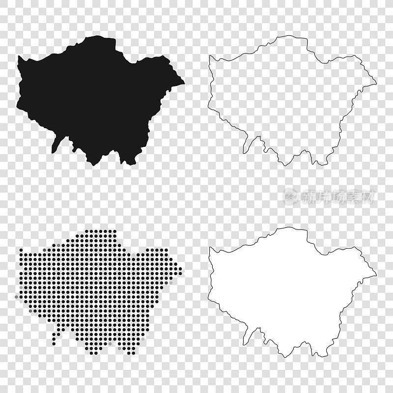 伦敦地图设计-黑色，轮廓，马赛克和白色