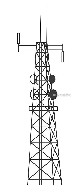 传输细胞塔。带有天线的移动和无线电通信塔，用于无线连接。轮廓矢量插图孤立在白色背景。