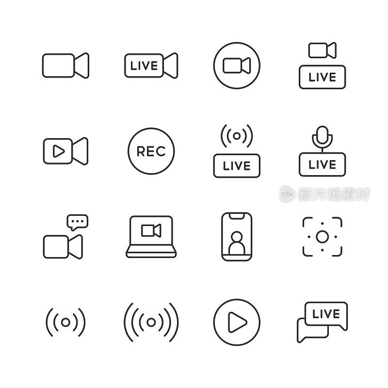 直播流媒体线图标。可编辑的中风。像素完美。移动和网络。包含直播，网络流媒体，视频流，广播，播客，电视，体育，设备屏幕，电影和电影，社交媒体，影响者，设备屏幕等图标。