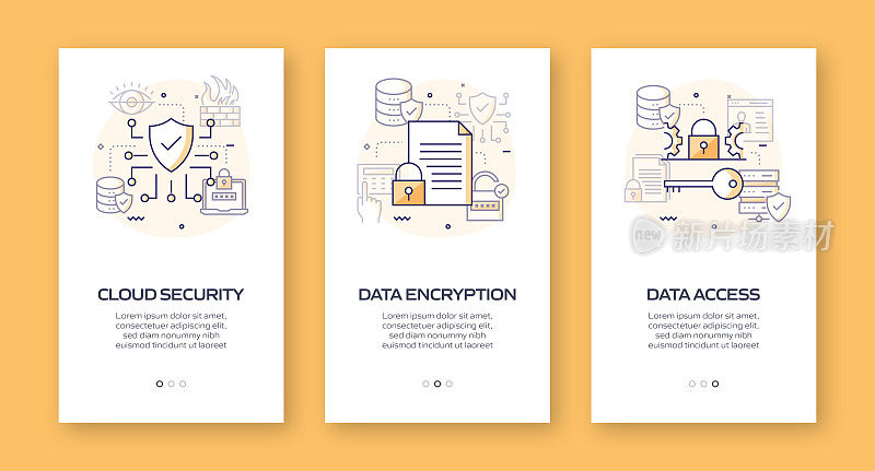 数据安全和网络安全概念入职移动应用程序页面屏幕与平面图标。UI设计模板矢量插图