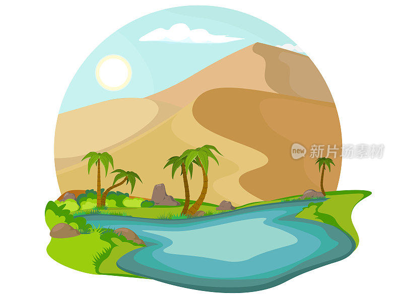 撒哈拉沙漠。有蓝色湖泊和棕榈树的沙地景观。沙漠中的绿洲。
