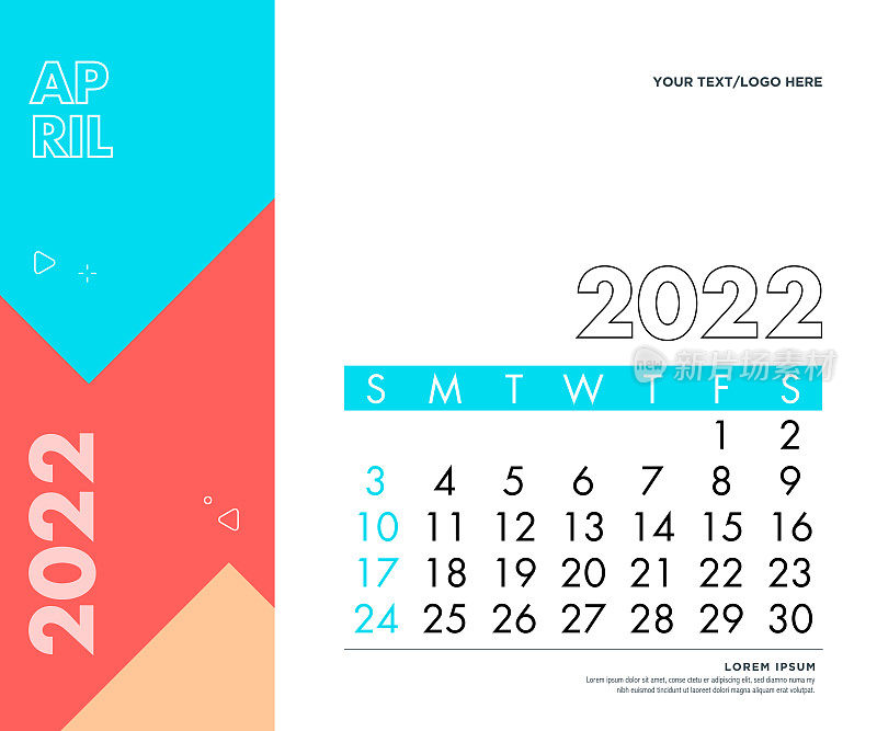 2022年4月。日历2022设计模板周将于周日开始。股票插图