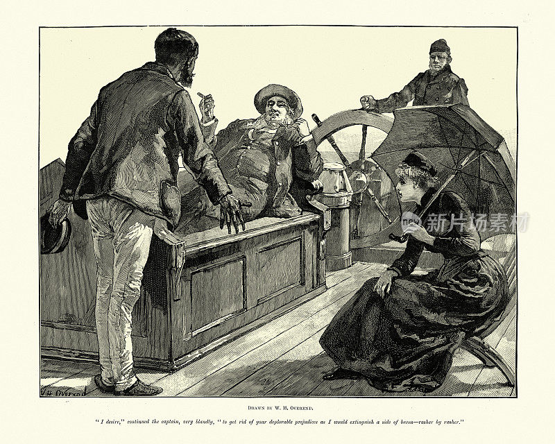19世纪维多利亚帆船上的乘客和船长