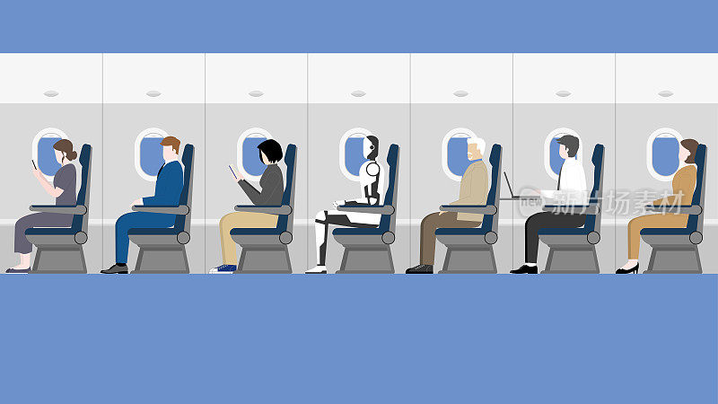 半机械人在未来将成为人们日常生活的一部分。机器人和人类乘客坐在飞机客舱里。交通、旅行、团聚和机舱内的技术概念。
