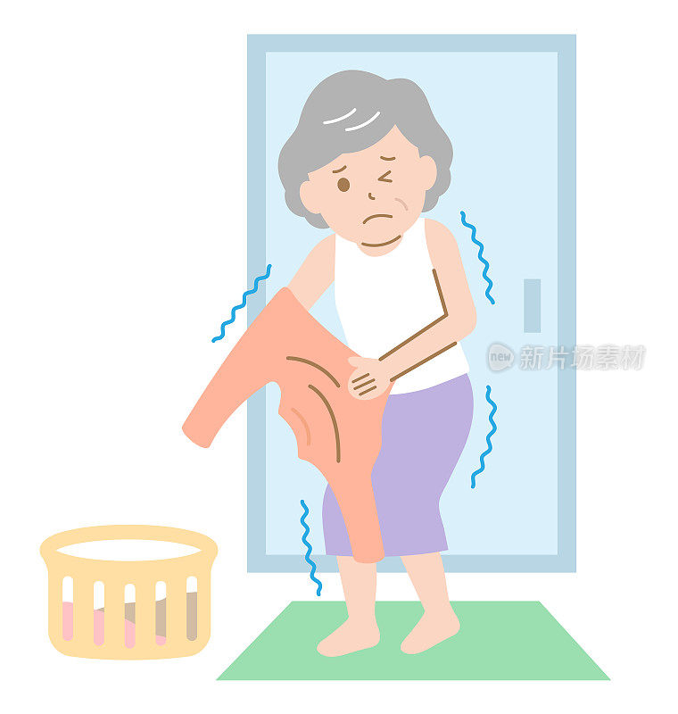 一位老妇人在更衣室里脱衣服时冷得发抖。极端温差对人体是有害的。保健疾病预防理念