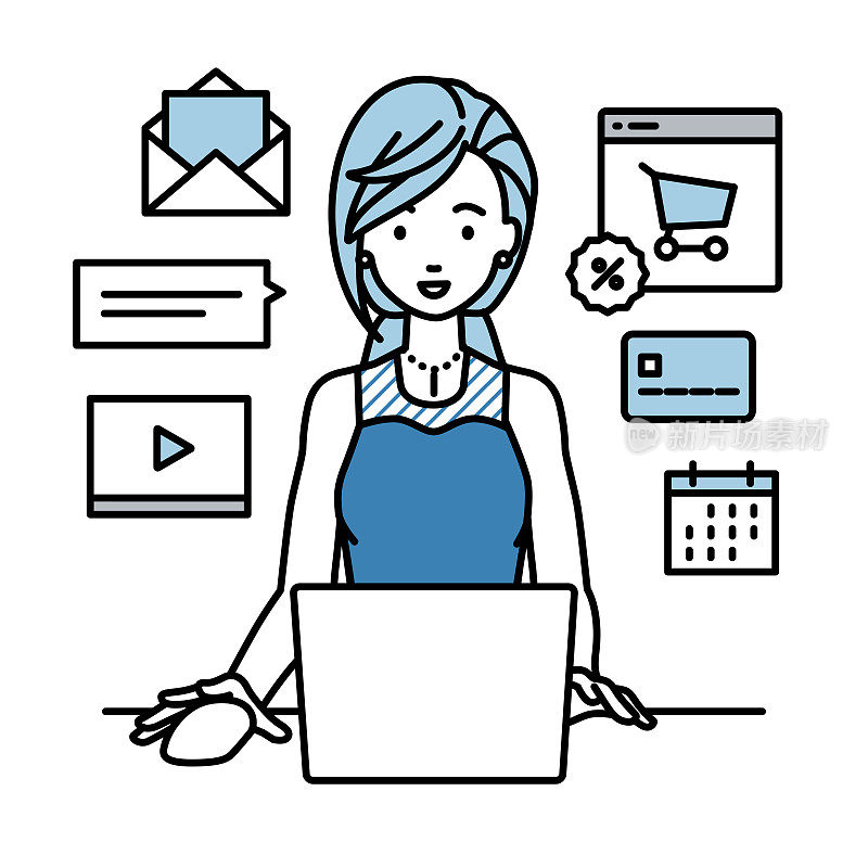 一个穿着衣服的女人用笔记本电脑浏览网站、进行数字营销、支付、管理网店、为顾客提供服务